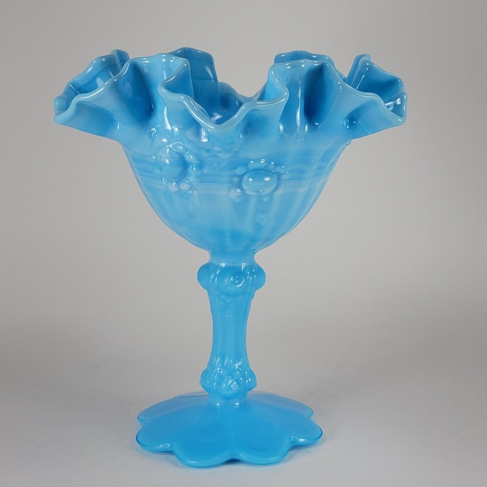 Vtg Fenton Compote Pedestal Cabbage Rose Blue Slag Glass Ruffled Edge 70's